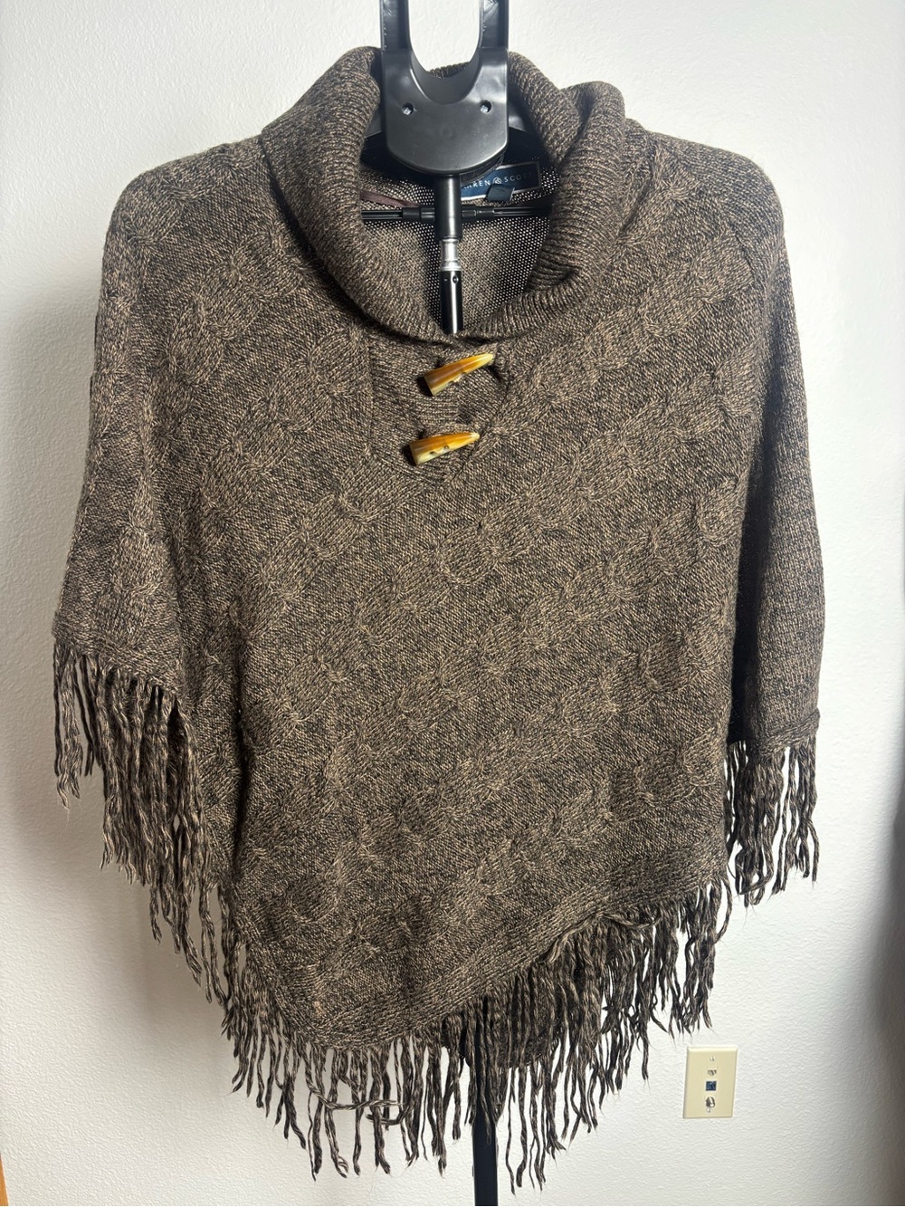 Karen Scott Brown Cable-Knit Fringe Poncho with Toggle Accent